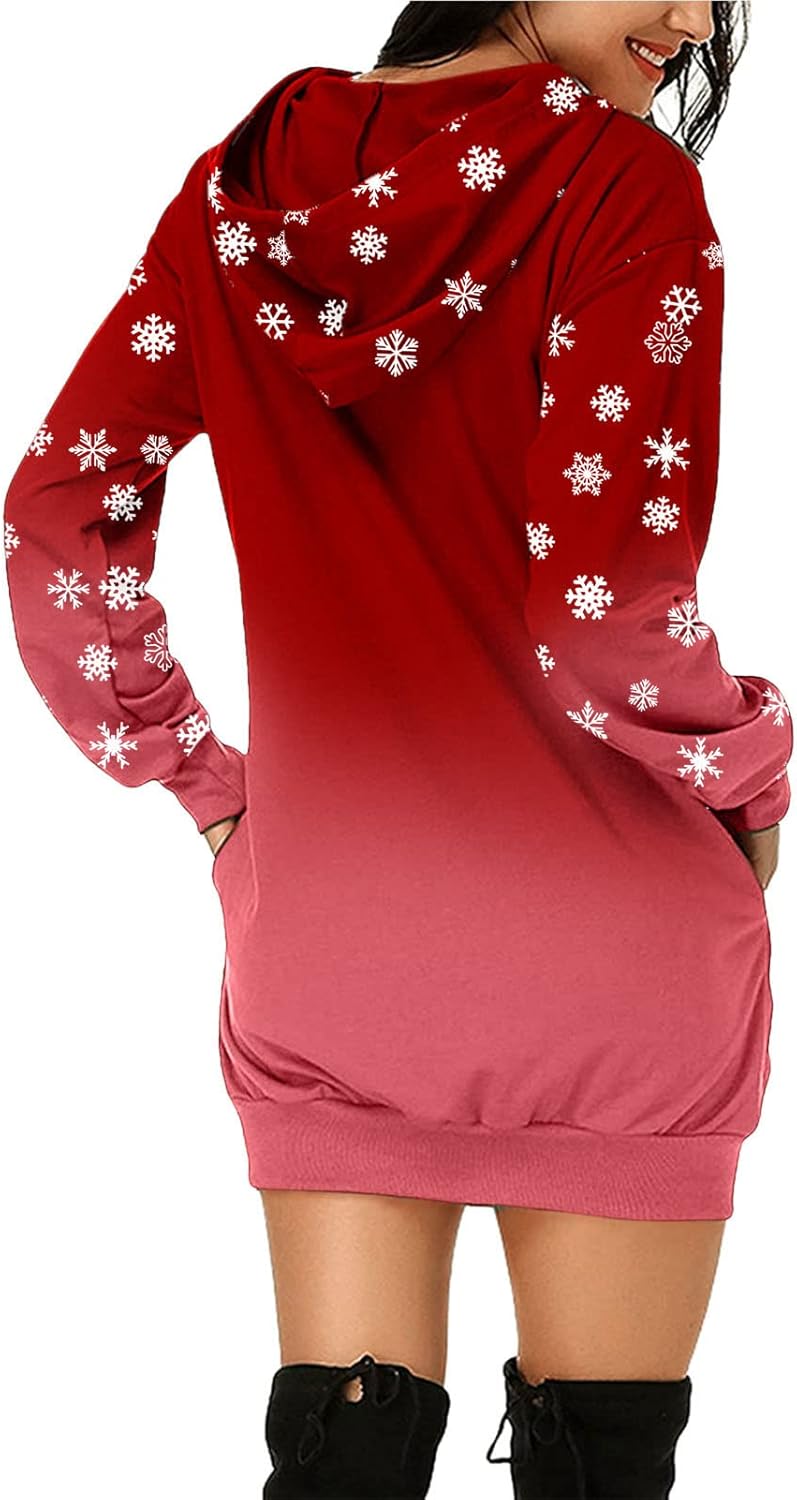woobles Hoodie Dress, Womens Hoodie Dress Christmas Pattern Print Polyester Casual for Shopping - Image 2